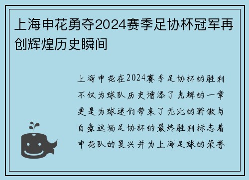 上海申花勇夺2024赛季足协杯冠军再创辉煌历史瞬间