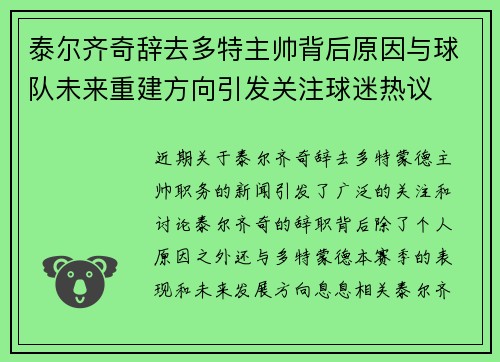 泰尔齐奇辞去多特主帅背后原因与球队未来重建方向引发关注球迷热议 泰尔齐奇辞去多特主帅背后原因与球队未来重建方向引发关注球迷热议
